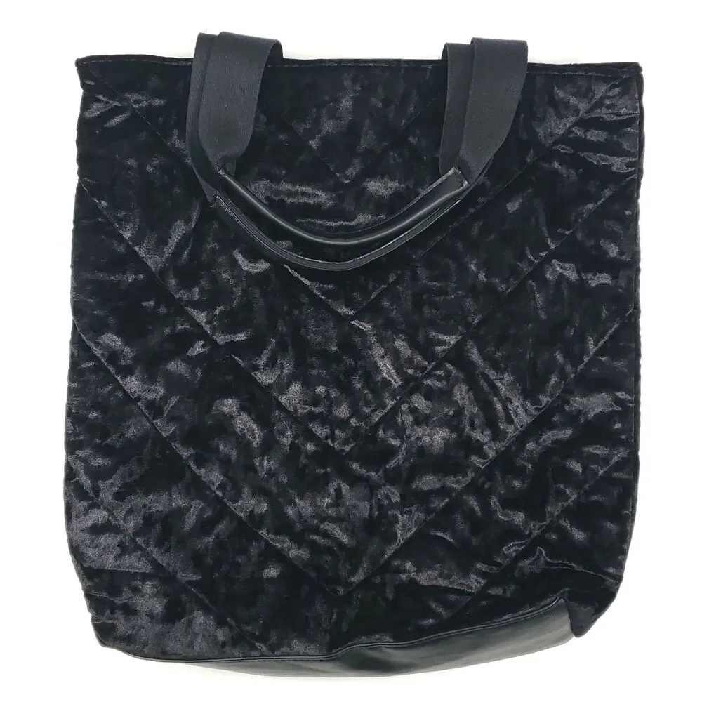Women's Victoria's Secret Tote Bag Black Quilted Velvet Medium Shoulder Straps‎